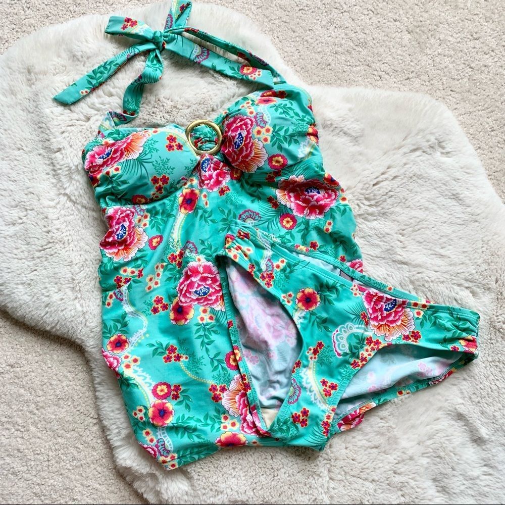 Oh Baby by Motherhood Green Floral Maternity Halter Tankini Swimsuit, S